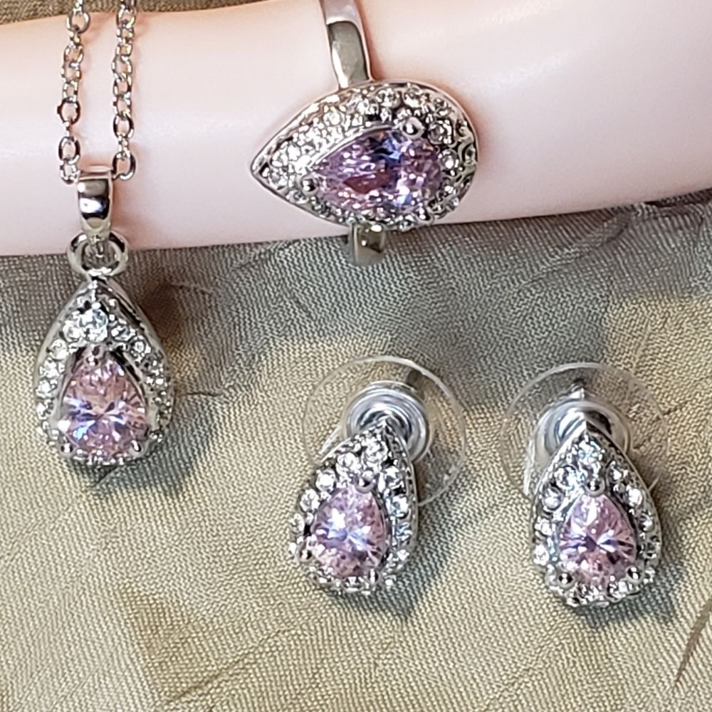 Pink sapphire and CZ pear shaped necklace, earrings and Ring, NEW